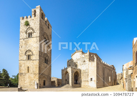 Erice Cathedral with bell tower, historic town. 109478727