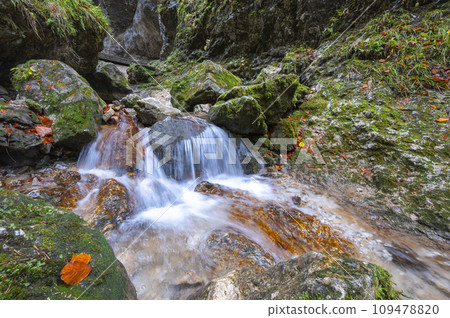 Waterfall on a stream in forest at autumn. Waterfall on a stream in forest at autumn. 109478820