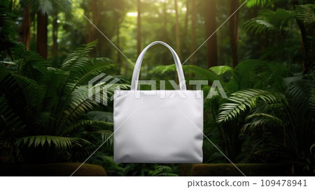 Mock-up of a white fabric bag with tropical plants Mock-up of a white fabric bag with tropical plants 109478941