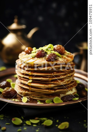 Assorted arabian pancake katayef and dates, pistachio Assorted arabian pancake katayef and dates, pistachio 109478951