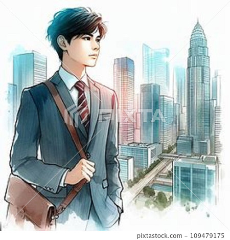 A man in a suit overlooking the city 109479175