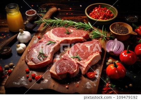 Meat steak with rosemary on a cutting board Meat steak with rosemary on a cutting board 109479192