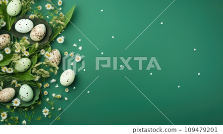 Banner with the image of Easter quail eggs and flowers on a green background Banner with the image of Easter quail eggs and flowers on a green background 109479201