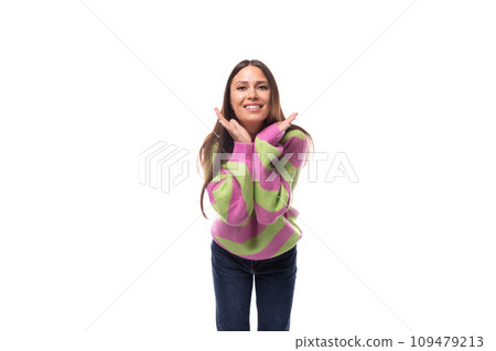 pretty 35 year old feminine model woman dressed in casual sweater smiling at camera 109479213