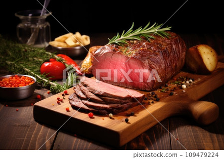 Roast beef cut into portions, laid out 109479224