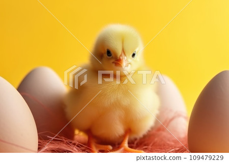 A small yellow chicken near the eggs on a yellow background 109479229