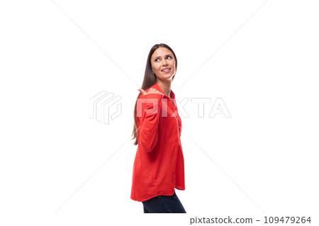 young brunette leader woman with long hair dressed in a red shirt on a white background with copy young brunette leader woman with long hair dressed in a red shirt on a white background with copy 109479264
