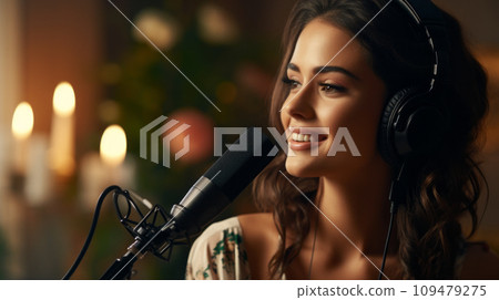 A beautiful and cheerful woman, wearing headphones, is recording a podcast in a studio environment. She's speaking into a professional microphone. AI Generated. Fictional person 109479275