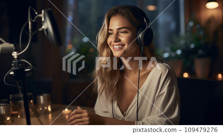 A beautiful and cheerful woman, wearing headphones, is recording a podcast in a studio environment. She's speaking into a professional microphone. AI Generated. Fictional person 109479276