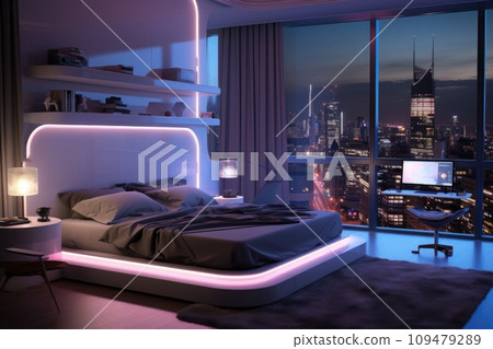 The interior of a modern bedroom with a bed and blue neon lighting and panoramic windows The interior of a modern bedroom with a bed and blue neon lighting and panoramic windows 109479289