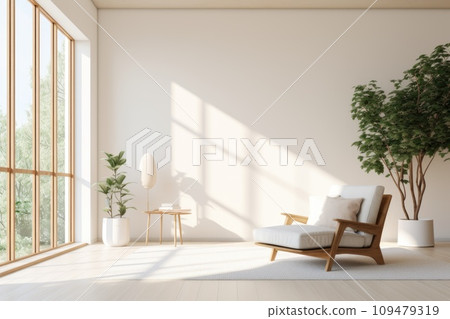 A simple, soothing interior space with white walls and large windows 109479319