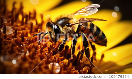 A close-up shot of a bee collecting nectar on a flower A close-up shot of a bee collecting nectar on a flower 109479324