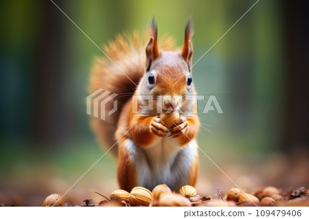 European squirrel close-up eating nuts 109479406
