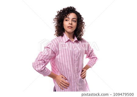 portrait of a young office secretary woman dressed in a striped pink shirt on a white background portrait of a young office secretary woman dressed in a striped pink shirt on a white background 109479500