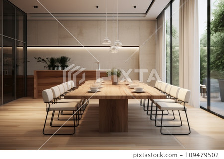 Minimalist Scandinavian-style dining room interior with a painting on the wall Minimalist Scandinavian-style dining room interior with a painting on the wall 109479502