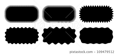 Wavy edge rounded shape collection. Jagged zig zag oval elements set. Black graphic design elements for decoration, banner, poster, template, sticker, badge, label, tag, emblem. Vector bundle 109479512
