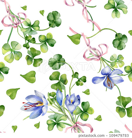 Clover and crocus bunch with ribbon watercolor seamless pattern isolated on white. Painted green shamrock. Lucky symbol hand drawn. Design element for St.Patricks day, banner, textile, wallpaper 109479783
