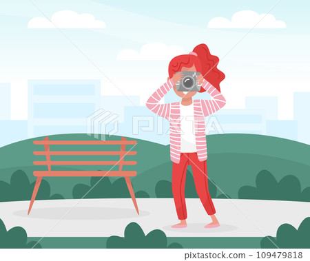 Woman Journalist Standing with Photo Camera Taking Photograph Vector Illustration 109479818