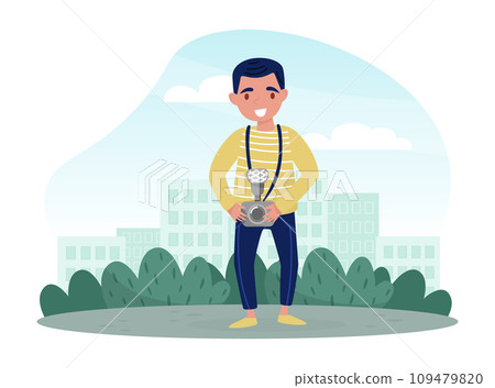 Man Journalist Standing with Photo Camera Taking Photograph Vector Illustration 109479820