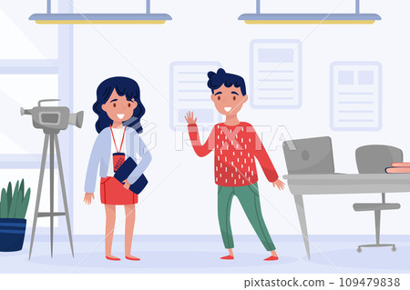 Woman Journalist Standing with Man Guest Interview and Report News Vector Illustration 109479838