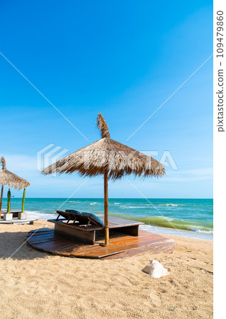 beach chair and umbrella with sea beach background 109479860