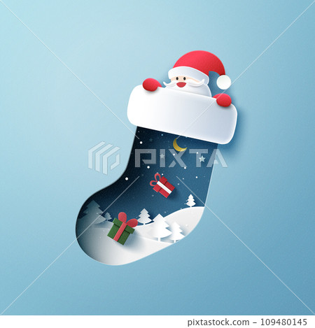 Christmas stockings, socks. decorated with Santa Claus and Gift Box. Merry Christmas and winter season on blue background. Vector illustration in paper art craft Christmas stockings, socks. decorated with Santa Claus and Gift Box. Merry Christmas and winter season on blue background. Vector illustration in paper art craft 109480145