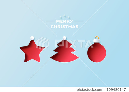 Star, Christmas tree and Christmas ball. Winter and Merry christmas element in paper cut style. Vector illustration. Star, Christmas tree and Christmas ball. Winter and Merry christmas element in paper cut style. Vector illustration. 109480147