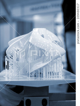 3D printer working process. 3D printing. Stereolithography photopolymerization SLA. Additive manufacturing technology. Liquid materials, hard part, creating layers. 3D model ultraviolet polymerization 109480317