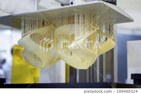 3D printer working process. 3D printing. Stereolithography photopolymerization SLA. Additive manufacturing technology. Liquid materials, hard part, creating layers. 3D model ultraviolet polymerization 3D printer working process. 3D printing. Stereolithography photopolymerization SLA. Additive manufacturing technology. Liquid materials, hard part, creating layers. 3D model ultraviolet polymerization 109480324
