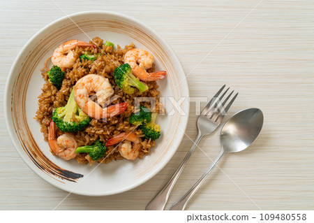 fried rice with broccoli and shrimps fried rice with broccoli and shrimps 109480558