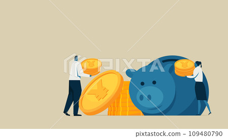 A man and a woman carrying yen coins in a piggy bank A man and a woman carrying yen coins in a piggy bank 109480790