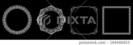 Set of decorative frames Elegant vector element for design in Eastern style, place for text. Floral black and white borders. Lace illustration for invitations and greeting cards. Set of decorative frames Elegant vector element for design in Eastern style, place for text. Floral black and white borders. Lace illustration for invitations and greeting cards. 109480853