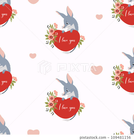 Seamless pattern with Australian bilby. Cute romantic animal with heart on white background. Vector illustration for design, wallpaper, packaging, textile 109481156