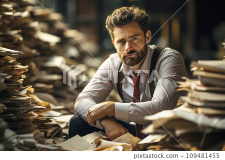 A man sits in a mountain of papers and documents at night in the office 109481455