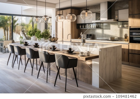 Beautiful kitchen in luxury modern contemporary home interior with island and chairs Beautiful kitchen in luxury modern contemporary home interior with island and chairs 109481462