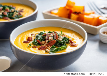 Bowls of butternut squash soup garnished with greens, bacon and pumpkin seeds. Generative AI 109481542