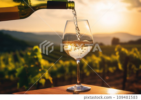Pouring white wine into glass on vineyard background at sunset. Generative AI Pouring white wine into glass on vineyard background at sunset. Generative AI 109481583