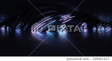 A Wall with Stacked Concrete Blocks and neon lights, Creating a Sturdy and Industrial Visual Impact 360 degree full panorama environment map 3d render illustration hdri hdr vr virtual reality content 109481827