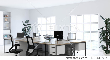An Organized Office Space with a Modern Desk, Ergonomic Chair, High-performance Computer, and Stylish Bookshelf 3d render illustration An Organized Office Space with a Modern Desk, Ergonomic Chair, High-performance Computer, and Stylish Bookshelf 3d render illustration 109481834