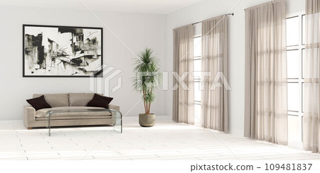 A Cozy Living Room with a Comfortable Couch and a Vibrant Potted Plant 3d render illustration 109481837