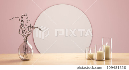 A Beautiful Vase with Colorful Flowers and Elegant Candles on a Decorative Table 3d render illustration 109481838