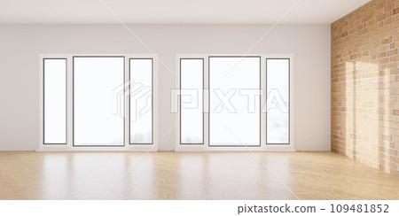 An Empty Room with Three Windows and a Brick Wall 3d render illustration 109481852