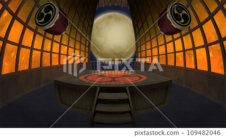 A stage with a full moon and Japanese drums hanging A stage with a full moon and Japanese drums hanging 109482046