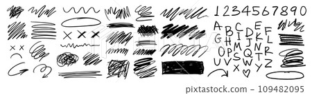 Grunge charcoal scribble stripes, freehand numbers, emphasis arrows, hand-drawn doodle squiggles, Chalk or marker doodle rouge scratches. Vector illustration of hand painted scrawl frames 109482095