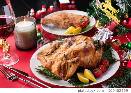 Whole roasted chicken Roast chicken and bone-in chicken thighs Whole roasted chicken Roast chicken and bone-in chicken thighs 109482269