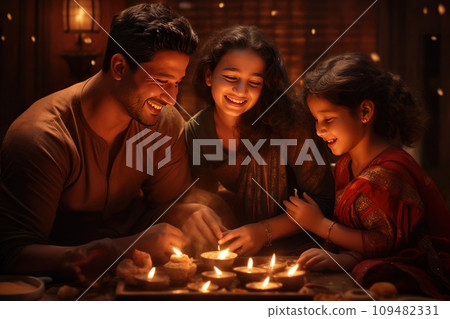 Indian diwali celebrations in happy family. Generative AI Indian diwali celebrations in happy family. Generative AI 109482331