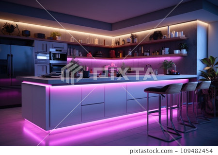 Modern kitchen with a bar counter and neon lighting 109482454