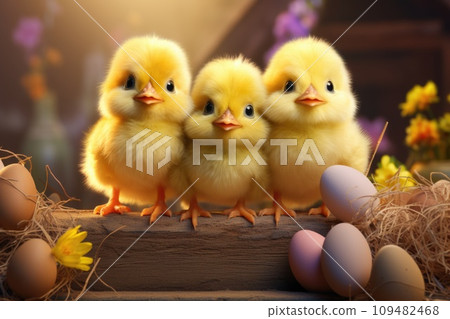 Three little chickens are sitting in a basket with Easter eggs 109482468