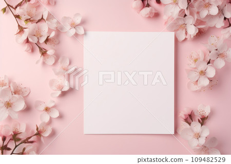 Pink blank sheet of paper on pink background with spring flowers Pink blank sheet of paper on pink background with spring flowers 109482529