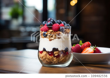 Granola with yogurt and berries in a glass 109482556